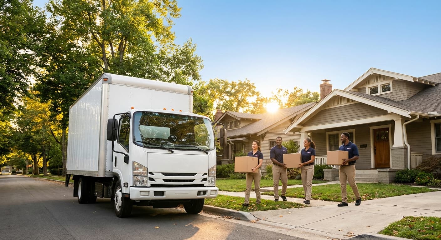 Professional moving crew carrying boxes in front of a moving truck